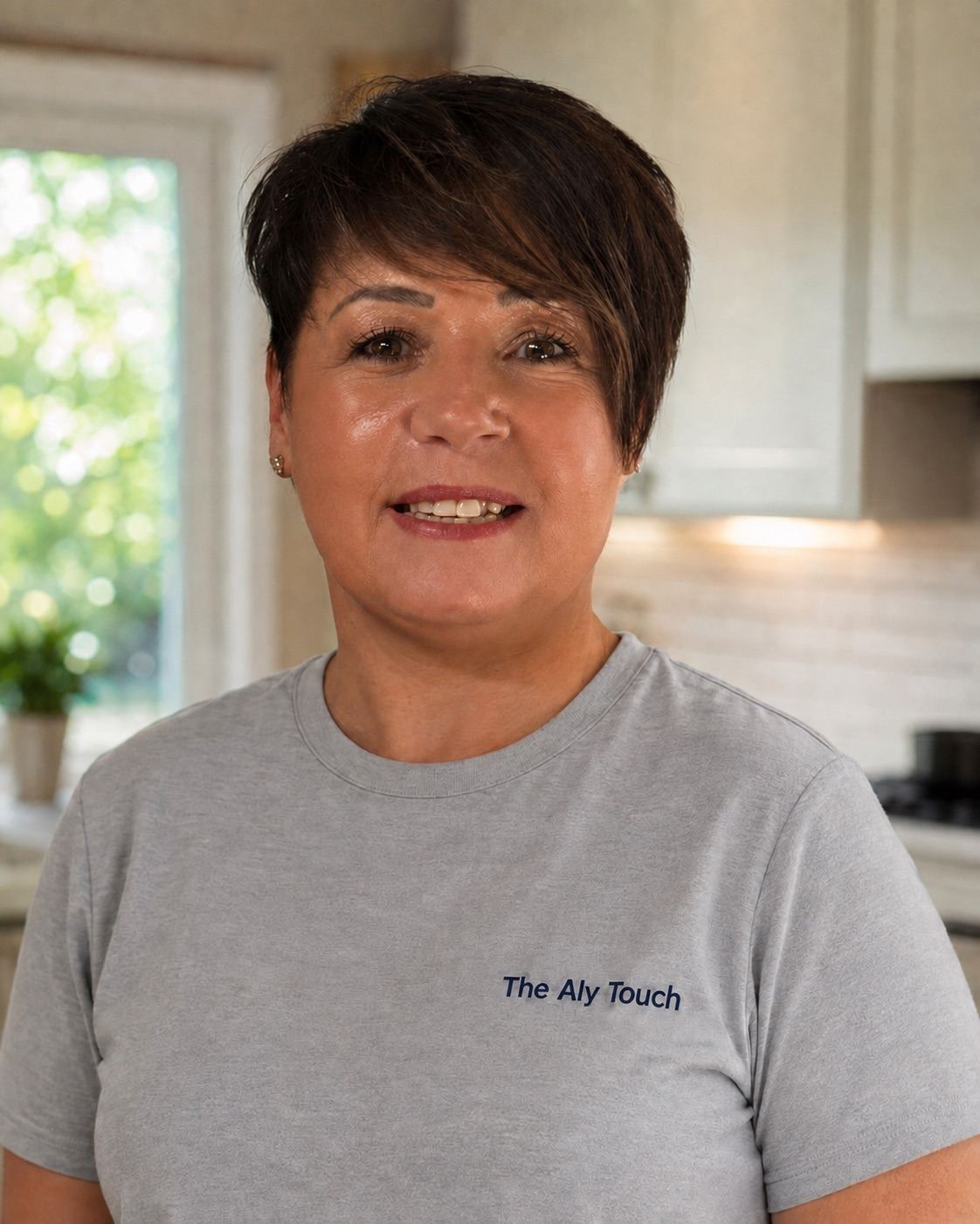 Aly wearing a grey The Aly Touch uniform T-shirt