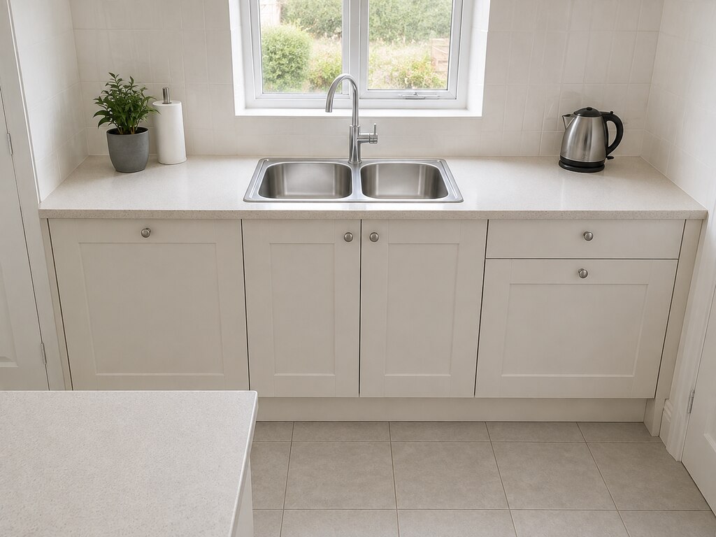 After: the same kitchen with the worktops cleared and wiped and the tiled floor cleaned