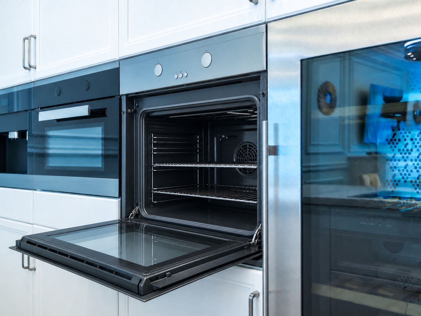 After: the same open built-in oven pristine, with the door and modern kitchen retained