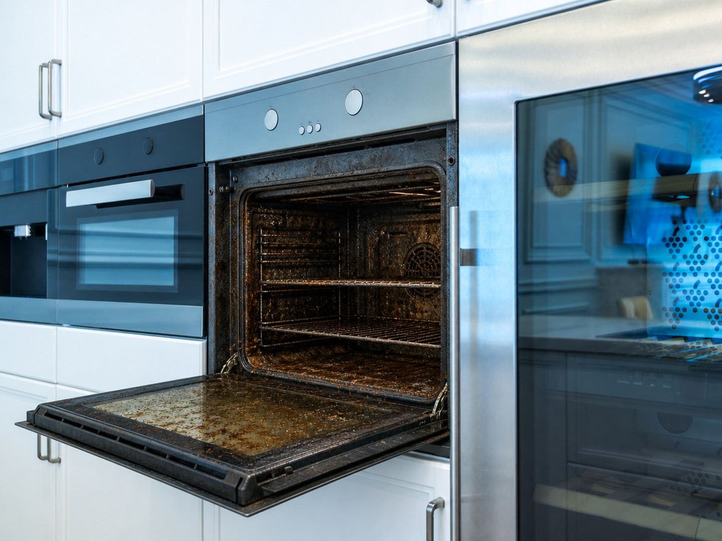 Before: an open built-in oven in a modern kitchen with visible baked-on grease and carbon residue
