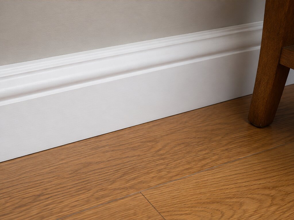 After: white skirting board and adjoining wooden floor wiped free of dust and fluff